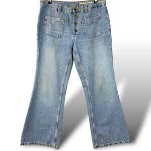 Zara Jeans Woman Sz 10 Medium Wash HighRise Flare Button Fly Patch Pocket Denim